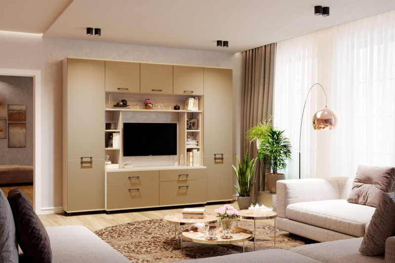 Комплект мебели для гостиной «Грейс-7», цвет ясень асахи - фасад латте матовый