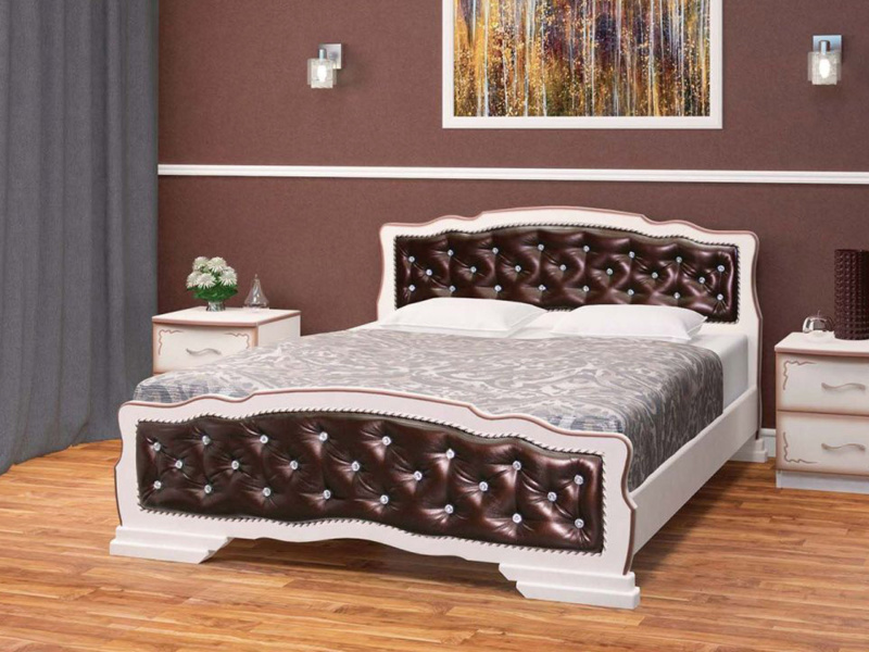 Кровать «Карина-10», с элементами экокожи, массив сосны, цвет Дуб Молочный (Тёмная)