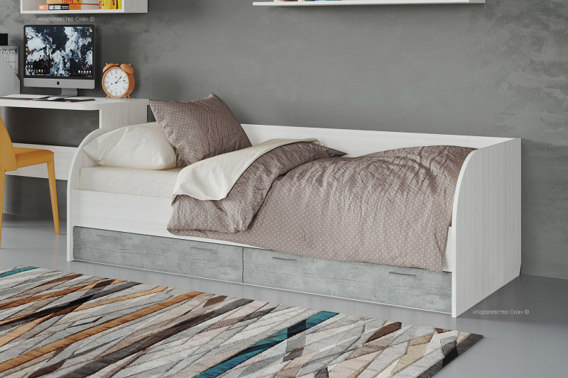 Кровать подростковая Лотос КР-804, цвет бодега белая + бетон серый 90x190