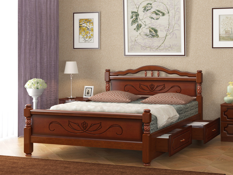 Кровать «Карина-5», с выкатными ящиками в комплекте (2 шт.), массив сосны, цвет Орех