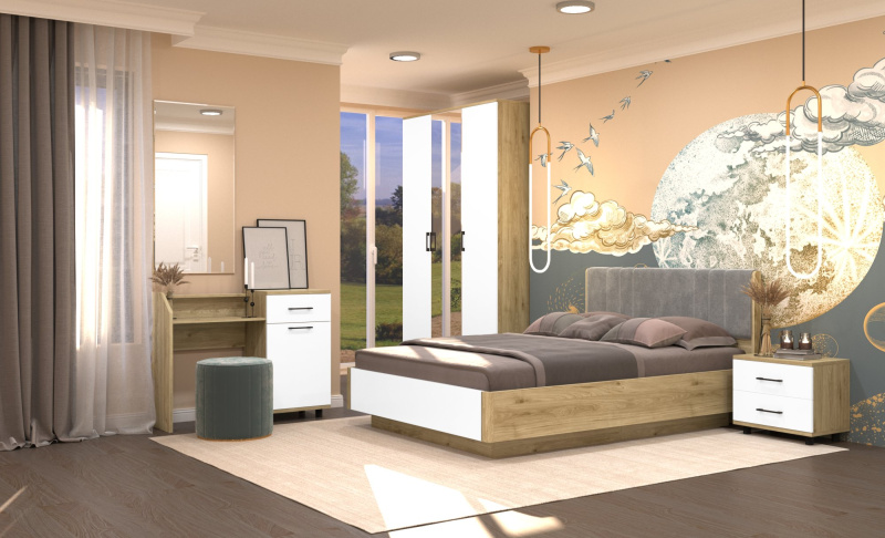Комплект мебели для спальни «Грейс-3», цвет гикори джексон светлый - фасад белый бриллиант глянцевый