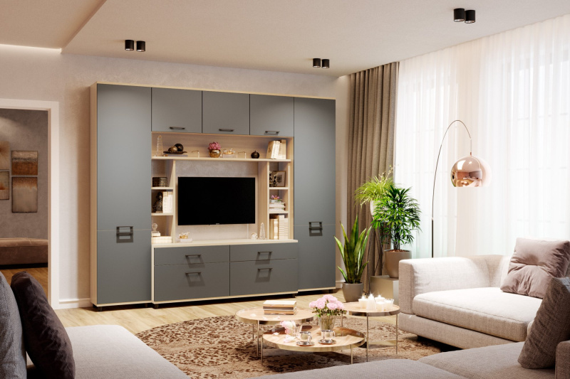 Комплект мебели для гостиной «Грейс-7», цвет ясень асахи - фасад антрацит матовый