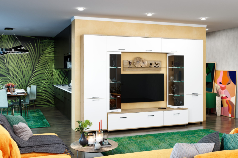 Комплект мебели для гостиной «Грейс-6», цвет гикори джексон светлый - фасад белый бриллиант глянцевый