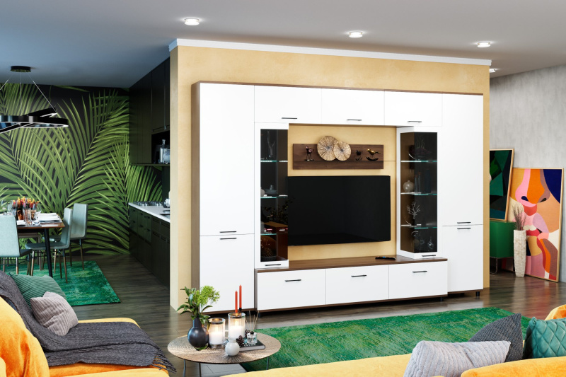 Комплект мебели для гостиной «Грейс-6», цвет гикори джексон тёмный - фасад белый бриллиант глянцевый