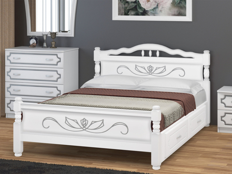 Кровать «Карина-5», с выкатными ящиками в комплекте (2 шт.), массив сосны, цвет Белый Жемчуг