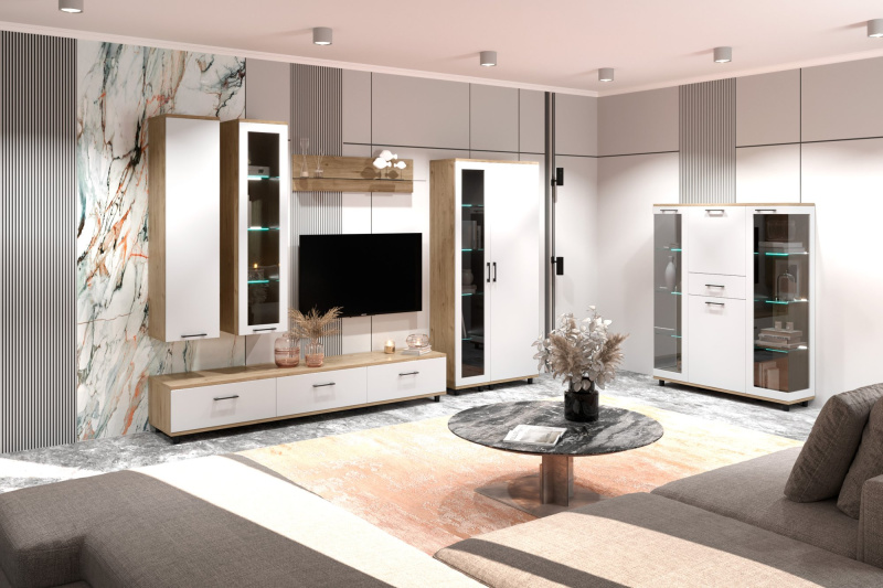 Комплект мебели для гостиной «Грейс-4», цвет гикори джексон светлый - фасад белый бриллиант глянцевый