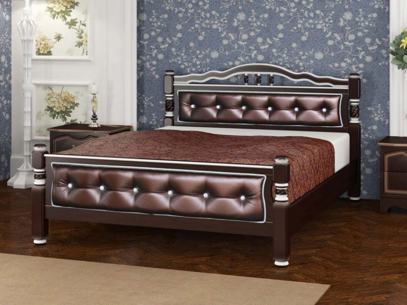 Кровать «Карина-11», с элементами экокожи, массив сосны, цвет Орех Тёмный (Бриллиант)