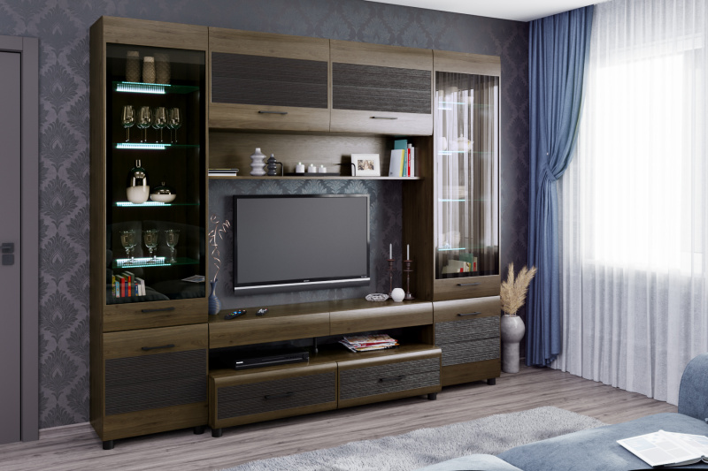 Комплект мебели для гостиной «Камелия-11», цвет гикори джексон темный - комбинированный