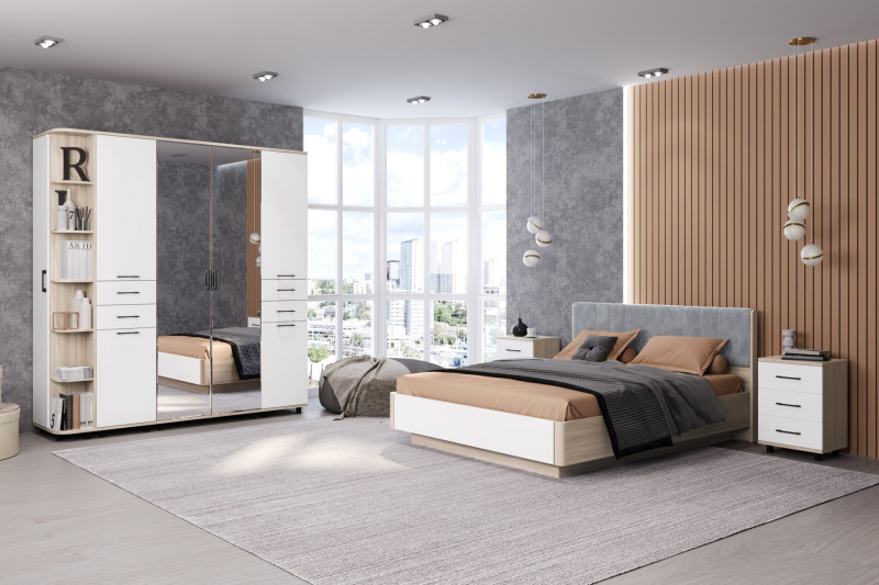 Комплект мебели для спальни «Грейс-1», цвет ясень асахи - фасад белый бриллиант глянцевый